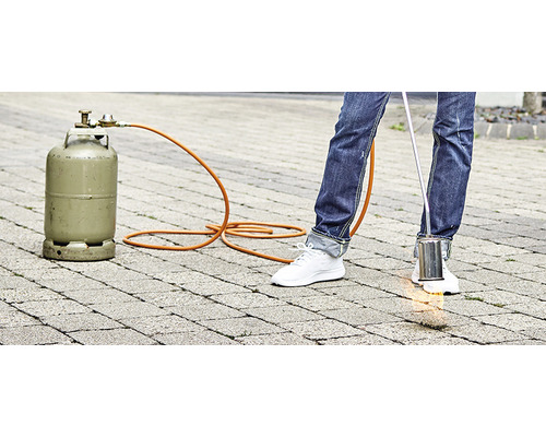 Ogräsbrännare med gasflaska i bruk på gatsten