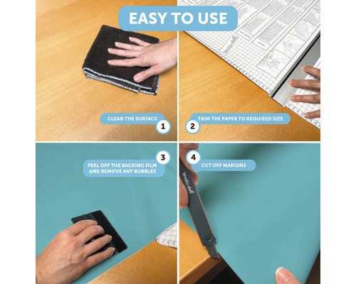 Instruktioner för enkel applicering av en folie i fyra steg: rengör ytan, skär papperet till önskad storlek, ta bort skyddsfilmen och skär bort kanterna.