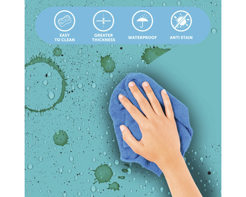 Symbolisk bild: Lätt att rengöra, större tjocklek, vattentät och smutsavvisande. En hand rengör en smutsig yta med en trasa.