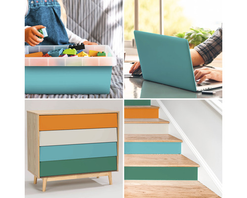 Collage av olika vardagsrumsscener: barnleksaker i förvaringslåda, person som arbetar på en bärbar dator, byrå med lådor och trappa med färgaccenter.