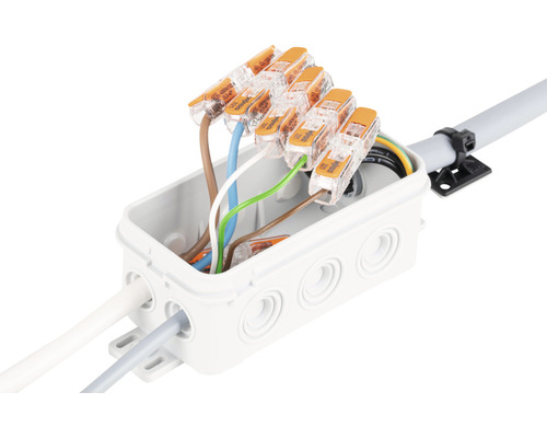 Kopplingsdosa för utanpåliggande montage med monterade anslutningsklämmor och kablar