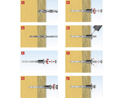 Illustrerade instruktioner för hur man installerar en skruv i trä.