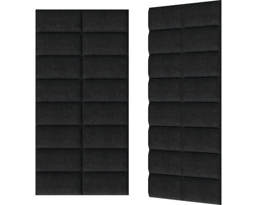 Två svarta, rektangulära väggpaneler med vadderad design