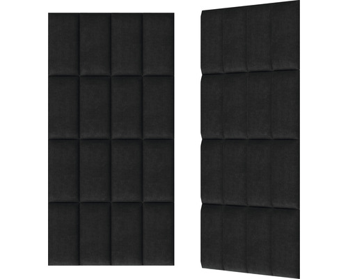 Två svarta akustikpaneler med fyrkantiga klädselelement