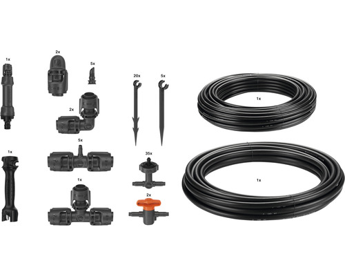 Trädgårdsbevattningssats med droppare, kopplingar, rörhållare och slangar