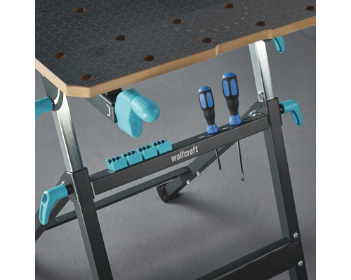 Wolfcraft arbetsbänk med verktygsfack och spännspak