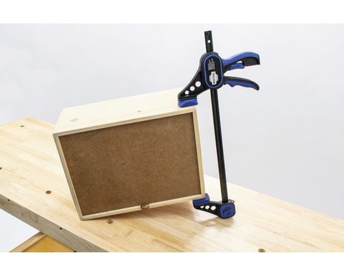 Trälåda med skruvtving på en arbetsbänk