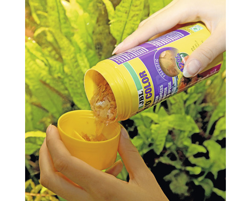 Person fyller JBL flingfoder i en mätkopp framför en undervattensväxt