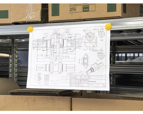 Teknisk ritning av en vevaxel, fäst med häftstift på en hylla