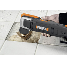 Worx logotyp. Multifunktionsverktyg som används för att ta bort plattor
