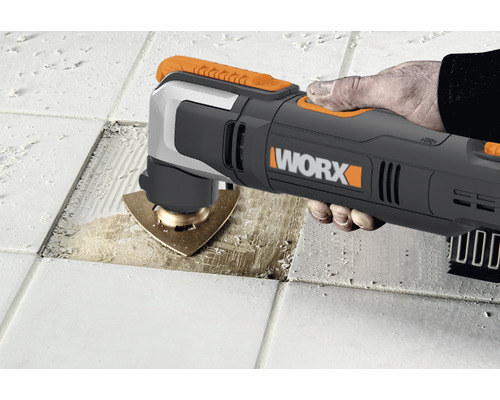 Worx logotyp. Multifunktionsverktyg som används för att ta bort plattor