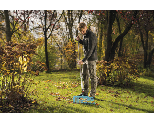 En man krattar löv i en trädgård med en kratta.