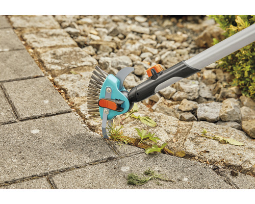 Fogborste som används för att ta bort ogräs mellan gatstenar