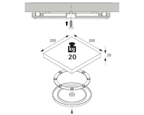 Sprängskiss vridfot med en maximal lastkapacitet på 20 kg och en sidlängd på 200 millimeter.