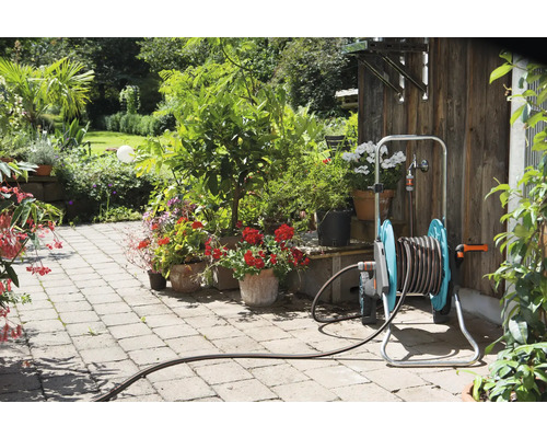 Trädgårdsscen med slangvagn, växter och stengång