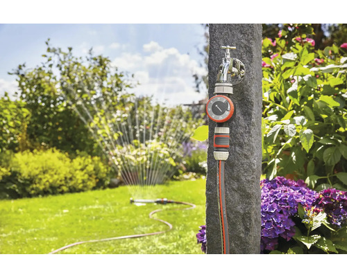 Trädgårdsbevattningssystem med vattenkran, bevattningsklocka och trädgårdsslang i trädgården