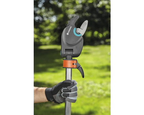 Trädgårdssax med teleskopskaft i handen