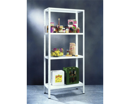 Vit metallhylla med fyra nivåer och diverse livsmedel för förvaring