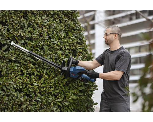 Man klipper häck med batteridriven häcksax