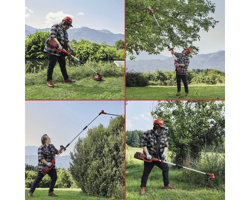 Montage av personer som använder en batteridriven trimmer och en batteridriven teleskopisk häcksax i trädgården