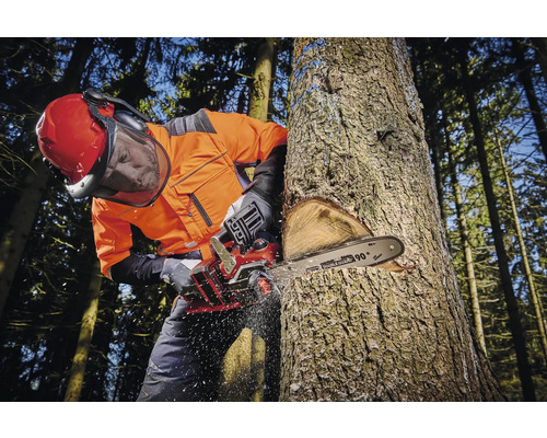 Man med skyddskläder fäller träd med motorsåg