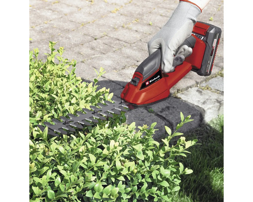 Einhell batteridriven häcksax som klipper en häck