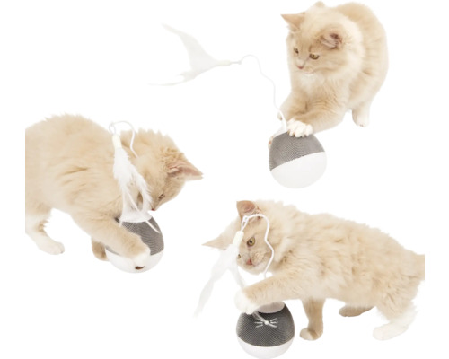 Tre katter leker med en leksaksboll med fjäder