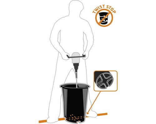 Illustration av ett blandningsverktyg i en hink med Twist Stop symbol