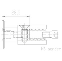 Teknisk ritning av en M6 specialskruv med en längd på 28,5 millimeter