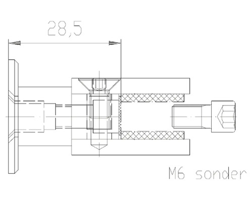 Teknisk ritning av en M6 specialskruv med en längd på 28,5 millimeter