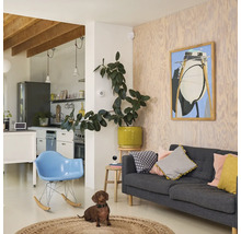 Ljust vardagsrum med soffa, fåtölj och tax på en rund matta