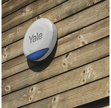 Yale logotyp på larmsiren monterad på trävägg