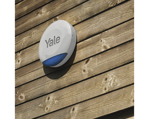 Yale logotyp på larmsiren monterad på trävägg