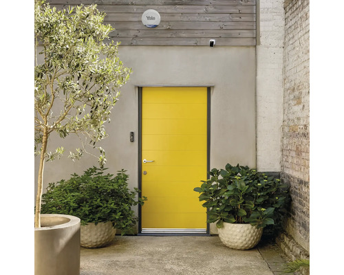 Entré med gul ytterdörr, växter och Yale-logotyp