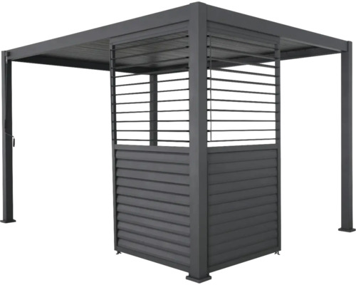 Fristående grå aluminiumpergola med lamelltak och sidoväggselement