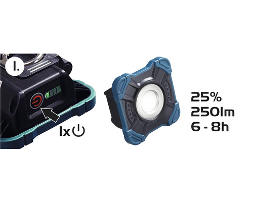 Arbetslampa med batteriindikator, 25 procents ljusstyrka, 250 lumen och 6 till 8 timmars batteritid