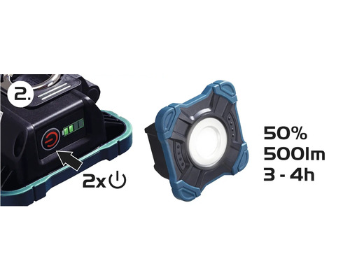 Batteridriven arbetslampa med batteriindikator, strömbrytare, 500 lumen ljusflöde och en brinntid på 3 till 4 timmar vid 50 procents ljusstyrka.
