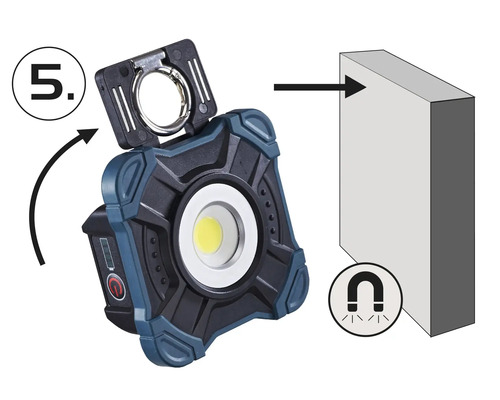 Arbetslampa med roterande krok och magnetfäste