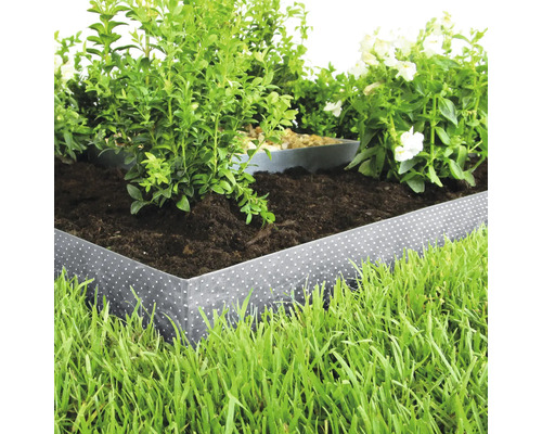 Rabattkant av metall med prickmönster i en trädgård