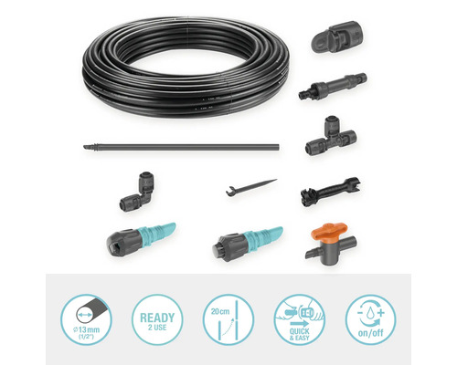 Gardena Micro-Drip-System med dropprör, regleringsplugg, ändplugg, anslutningsstycke, T-stycke, vinkelstycke, rengöringsverktyg och verktyg