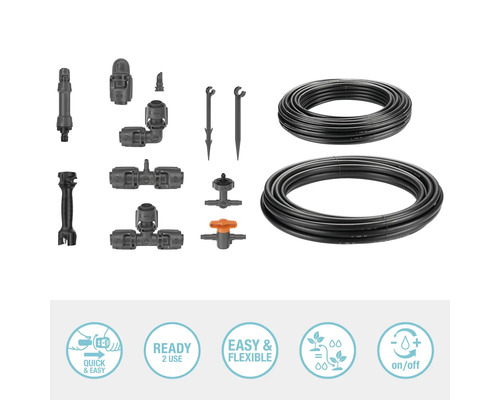 Trädgårdsbevattningssats med droppslangar, anslutningsstycken, reglerventiler och monteringshjälp