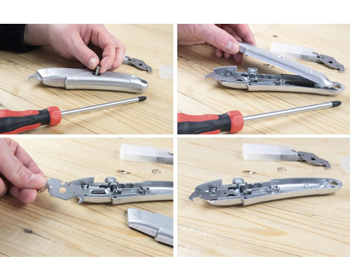 Flerdelad bild av en skärmatta som monteras med en skruvmejsel på ett träbord.