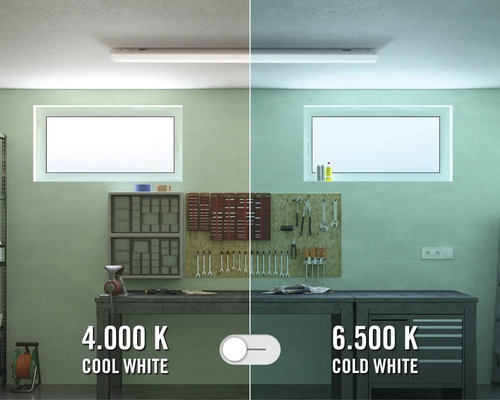 Verkstadbelysning med färgtemperatur på 4000 Kelvin och 6500 Kelvin i jämförelse