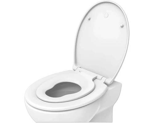 Toalett med öppet toalettlock och barnsits