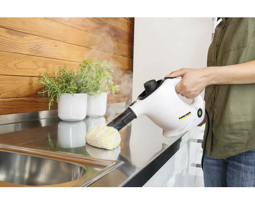 Ångrengörare används på en bänkskiva med diskho och växter