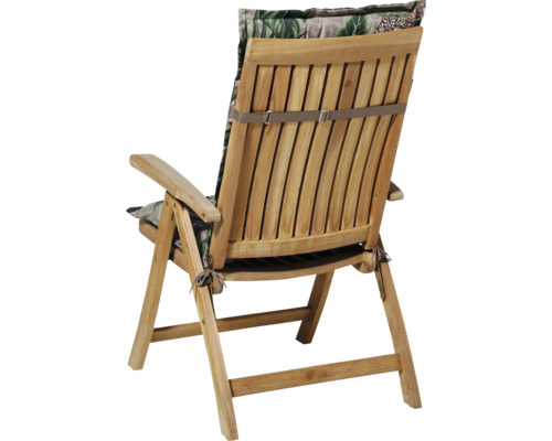 Trädgårdsstol i trä med dyna, bakifrån.