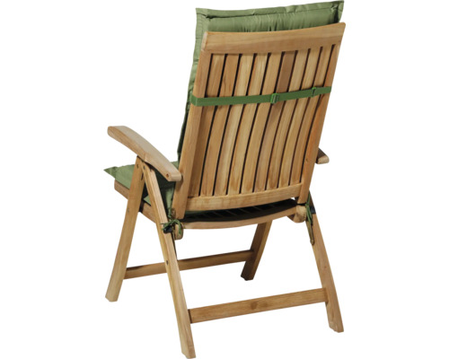 Trädgårdsstol av trä med dyna, bakifrån.