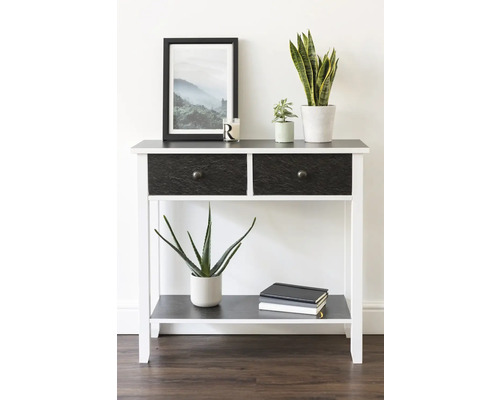 Dekorativt konsolbord med två lådor, förvaringshylla och krukväxter