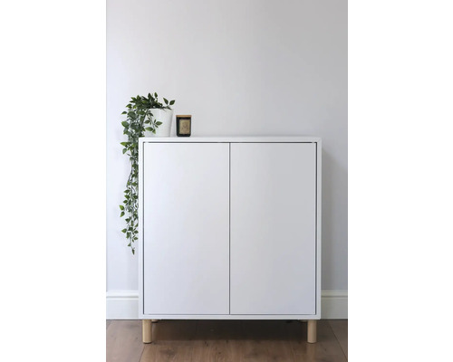 Vitt skåp med två dörrar och träben