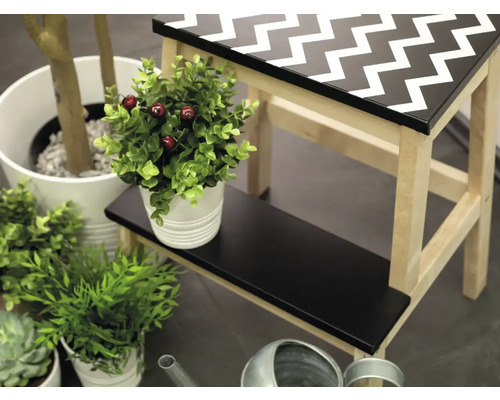 Dekorativ scen med pall, växter och vattenkanna